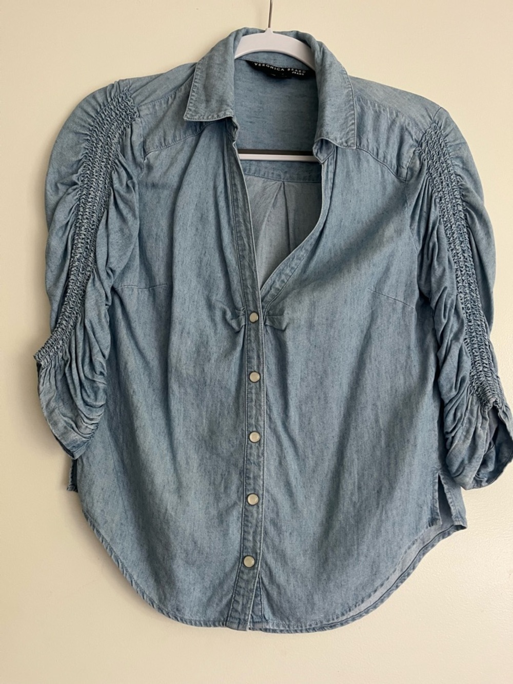Veronica Beard Light Blue Denim Button-Front Top with Smocked Sleeves